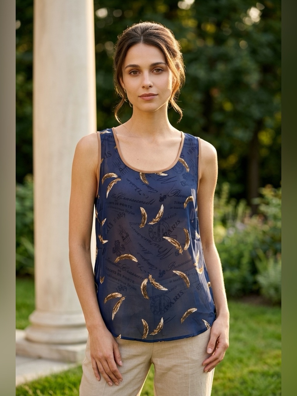 Sheer Feather Print Sleeveless Top - Size Small